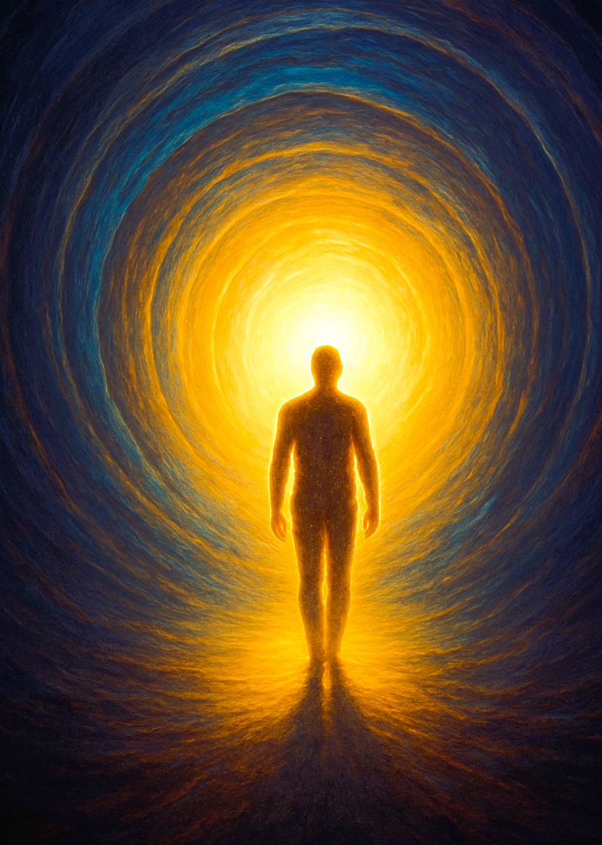 A spirit going through a dark tunnel as part of death or a near-death experience.