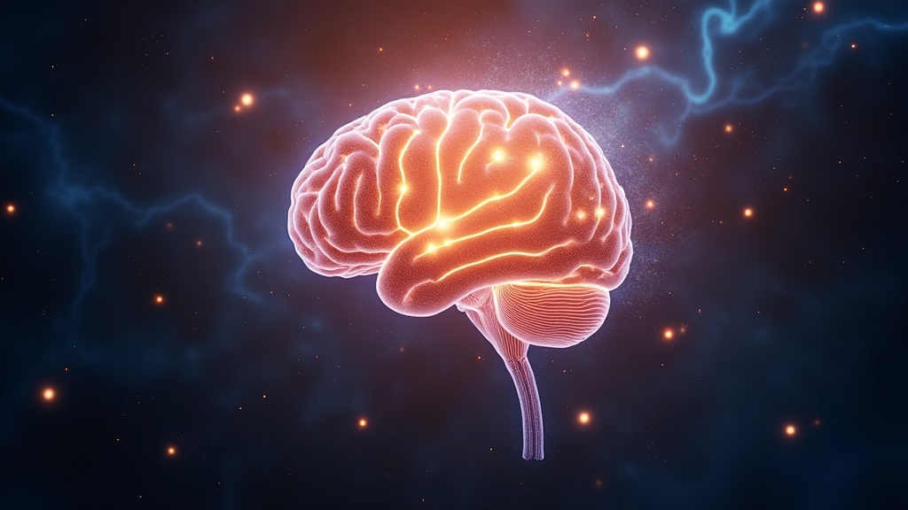 Brain circuit with glowing energy and spiritual rays showing science and spirituality