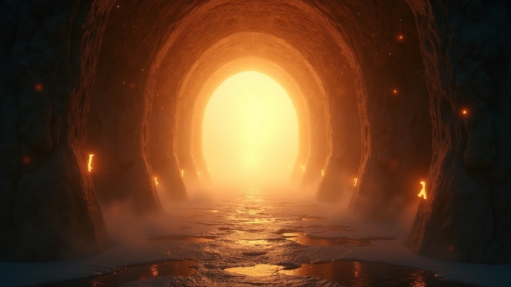 Mysterious glowing tunnel with light at the end, representing near death experience stages
