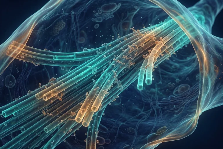 A macro view of a bundle of hollow, tube-shaped protein filaments running through the interior of a branching nerve cell, rendered as a soft illustration in teal and amber light against