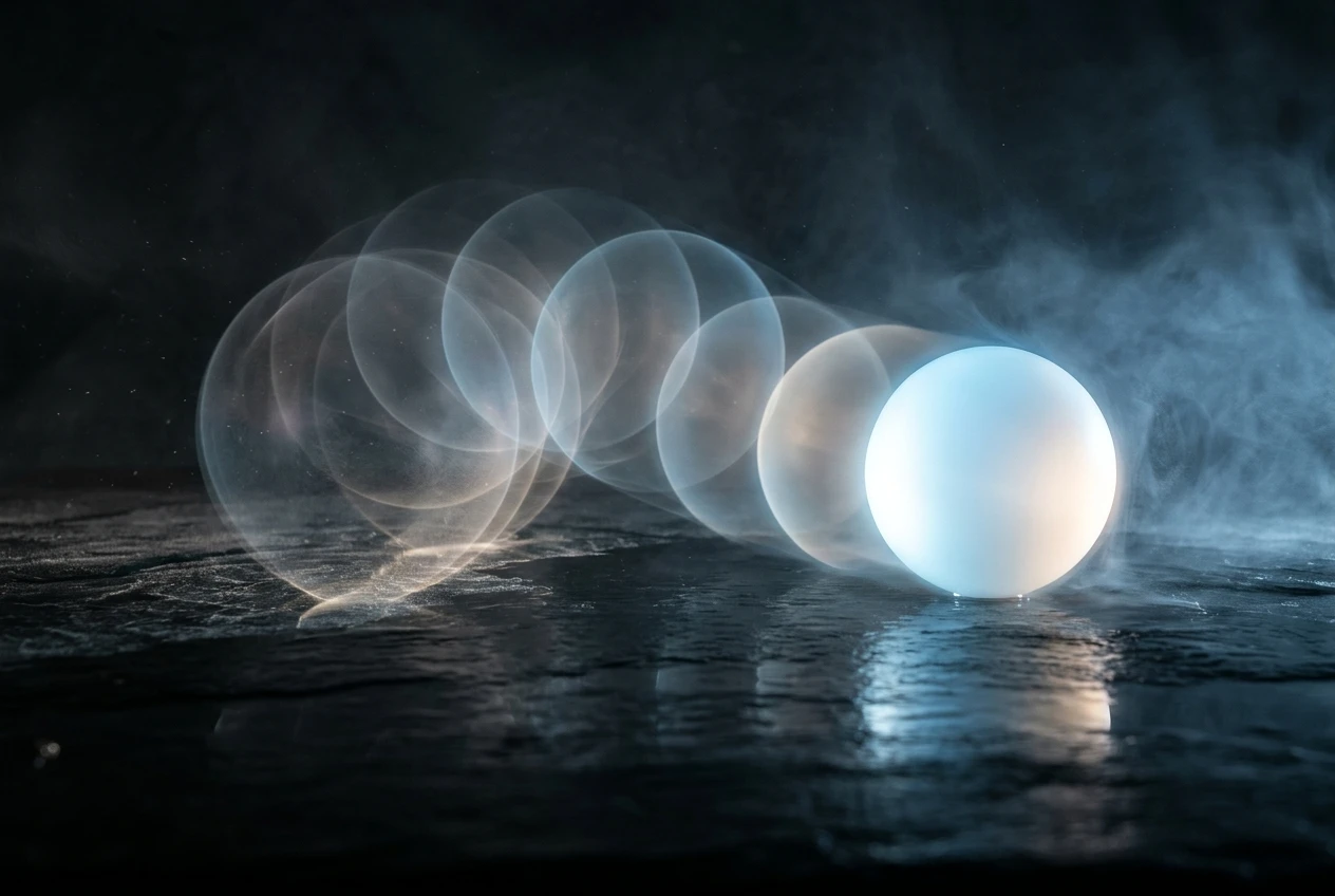 A single glowing sphere on a dark surface that fans out into several translucent, overlapping ghost copies of itself at different positions on the left, while on the right one copy remains sharp and solid, the others dissolving into fine pale-blue mist.