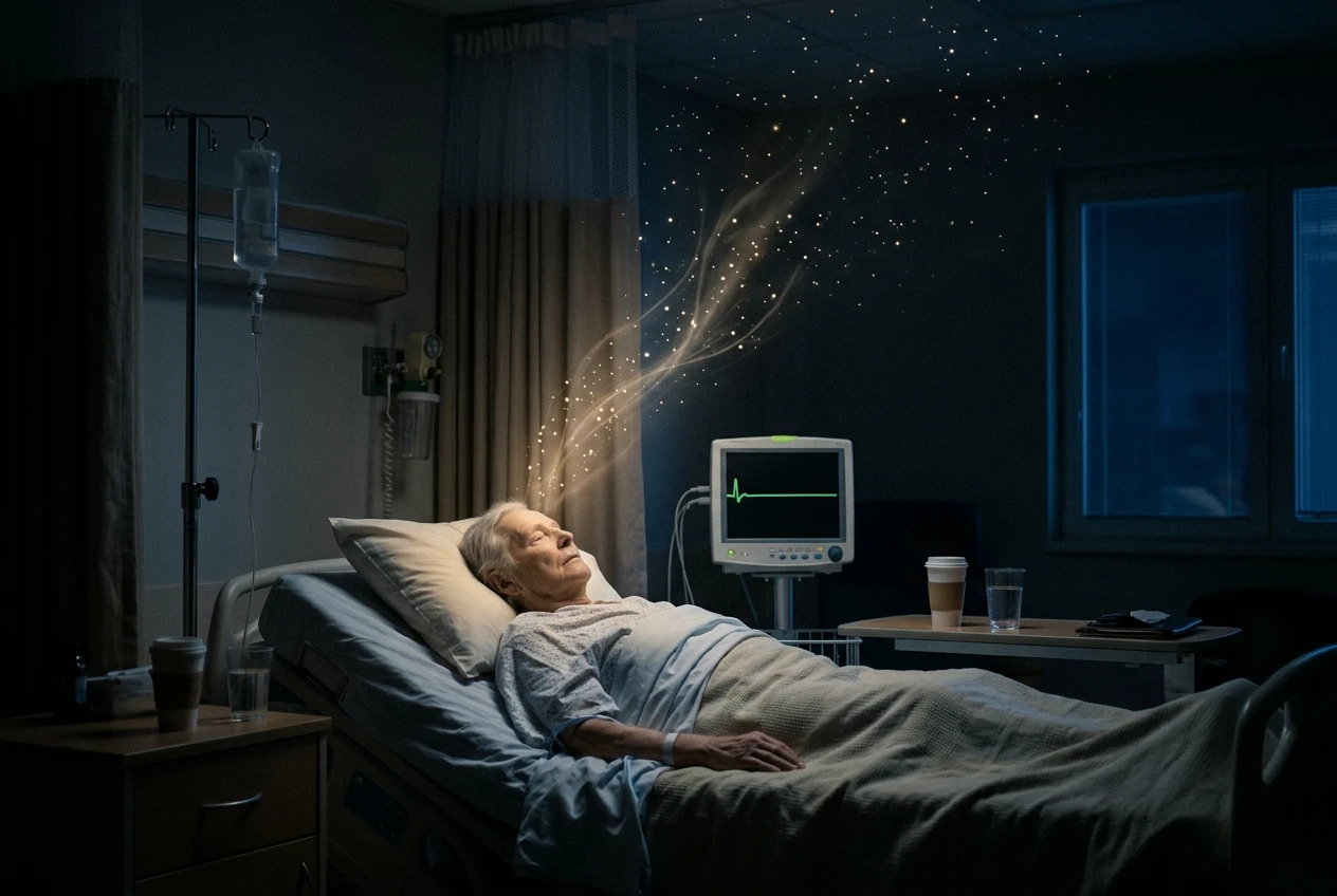 A softly lit hospital bed in a dim room, with a faint stream of pale golden particles rising from the sleeping patient's head toward the ceiling and dispersing into a starry darkness, the heart monitor beside the bed showing a flat green line.