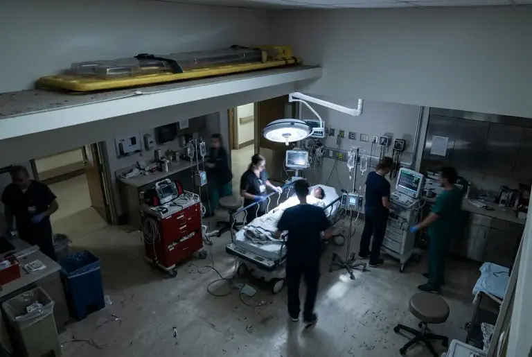 A quiet hospital resuscitation room seen from high in the corner near the ceiling, looking down at a figure on a bed under a pool of cool white light, with crash cart, monitors and the b