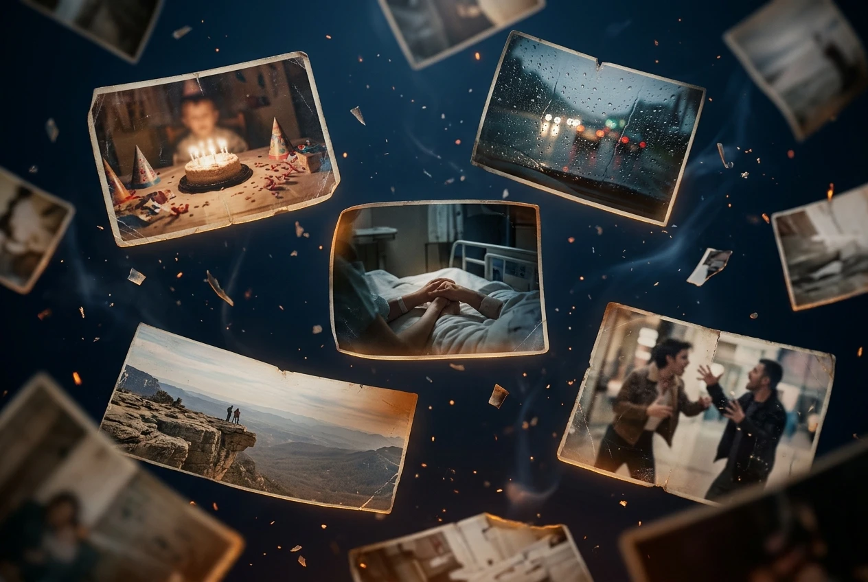 A loose scatter of old photographs and memory fragments floating in a dim space: a child's birthday table, a rain-streaked car window, a hand held across a hospital bed, a mountain ledge, each glowing faintly amber against a dark blue background. 2 people fighting