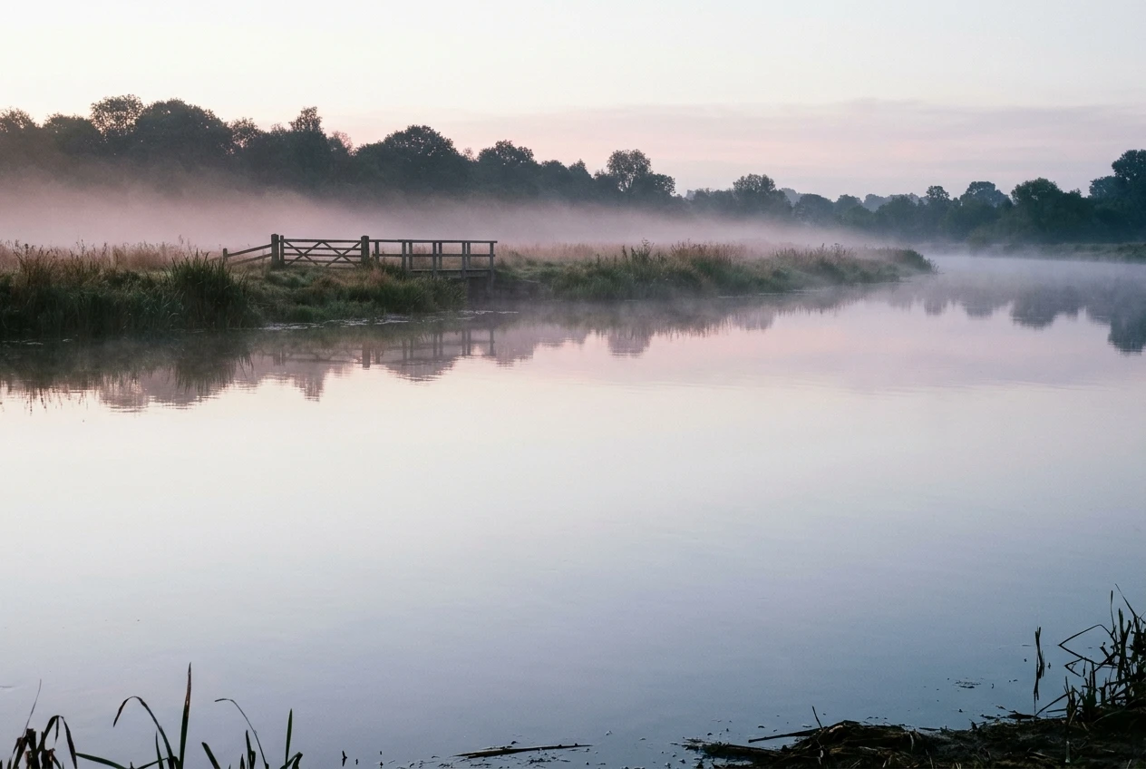 A still, wide river at dawn with a low wooden gate or footbridge on the far bank, pale pink and silver mist over the water, no people, utterly calm light suggesting a boundary not yet crossed.